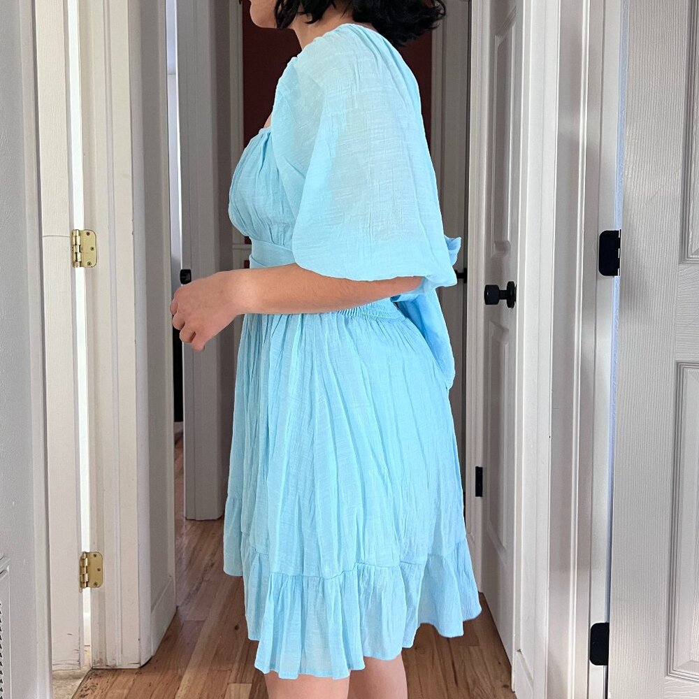 puff sleeve open back mini dress light blue princess costume summer vacation Med - Picture 5 of 15